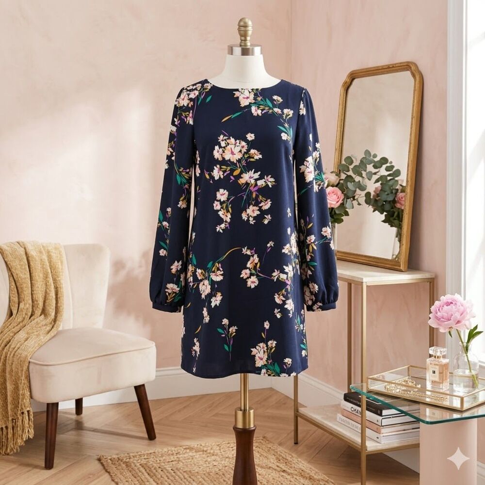 Lulus Herbaceous Babe Navy Floral Long Sleeve Shift Mini Dress Small